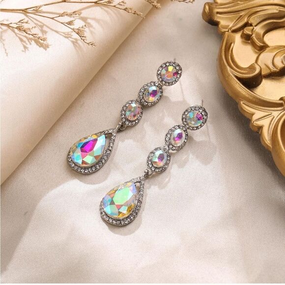 Silver with Iridescent AB and Diamond Crystal Teardrop Halo Chandelier Earrings - Picture 2 of 5